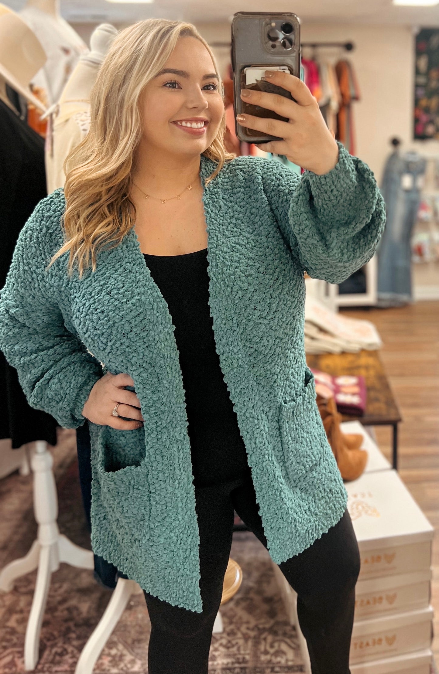 Dusty Teal Popcorn Cardigan