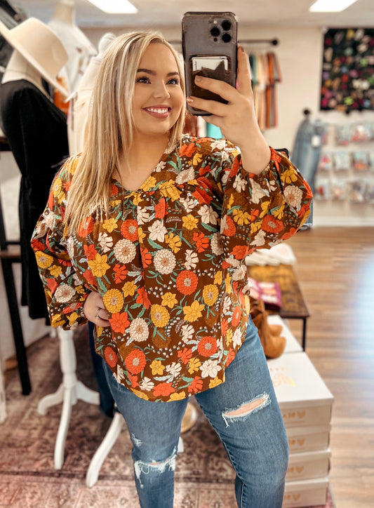 Brown Floral Long Sleeve Blouse