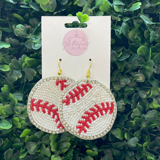 Baseball w Diamond Bead Earrings