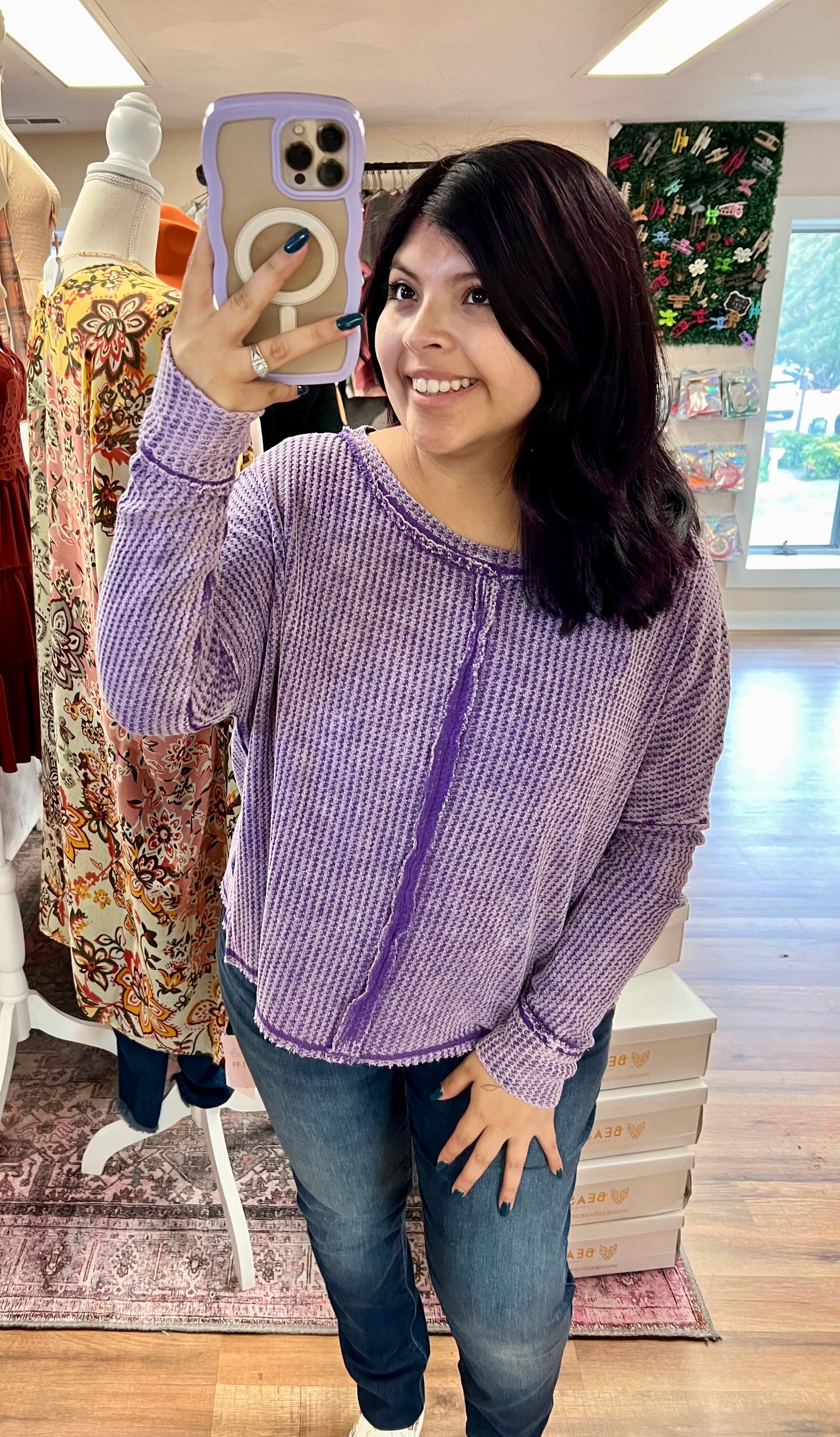 Violet Washed Waffle Long Sleeve Top