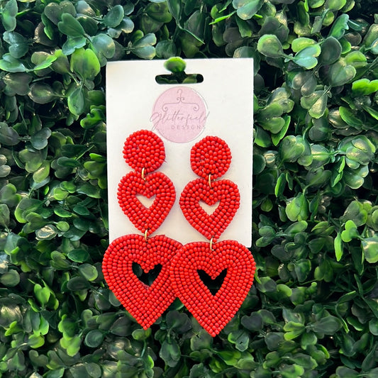 2 Stacked Red Hearts Seed Bead Earrings