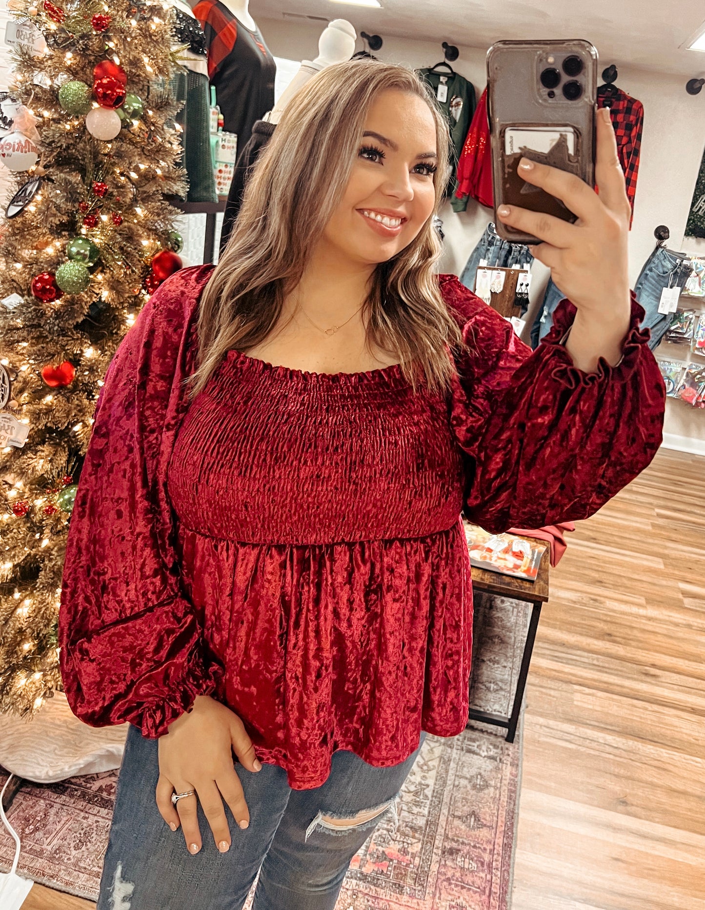 Burgundy Velvet Smocked Puff Sleeve Top