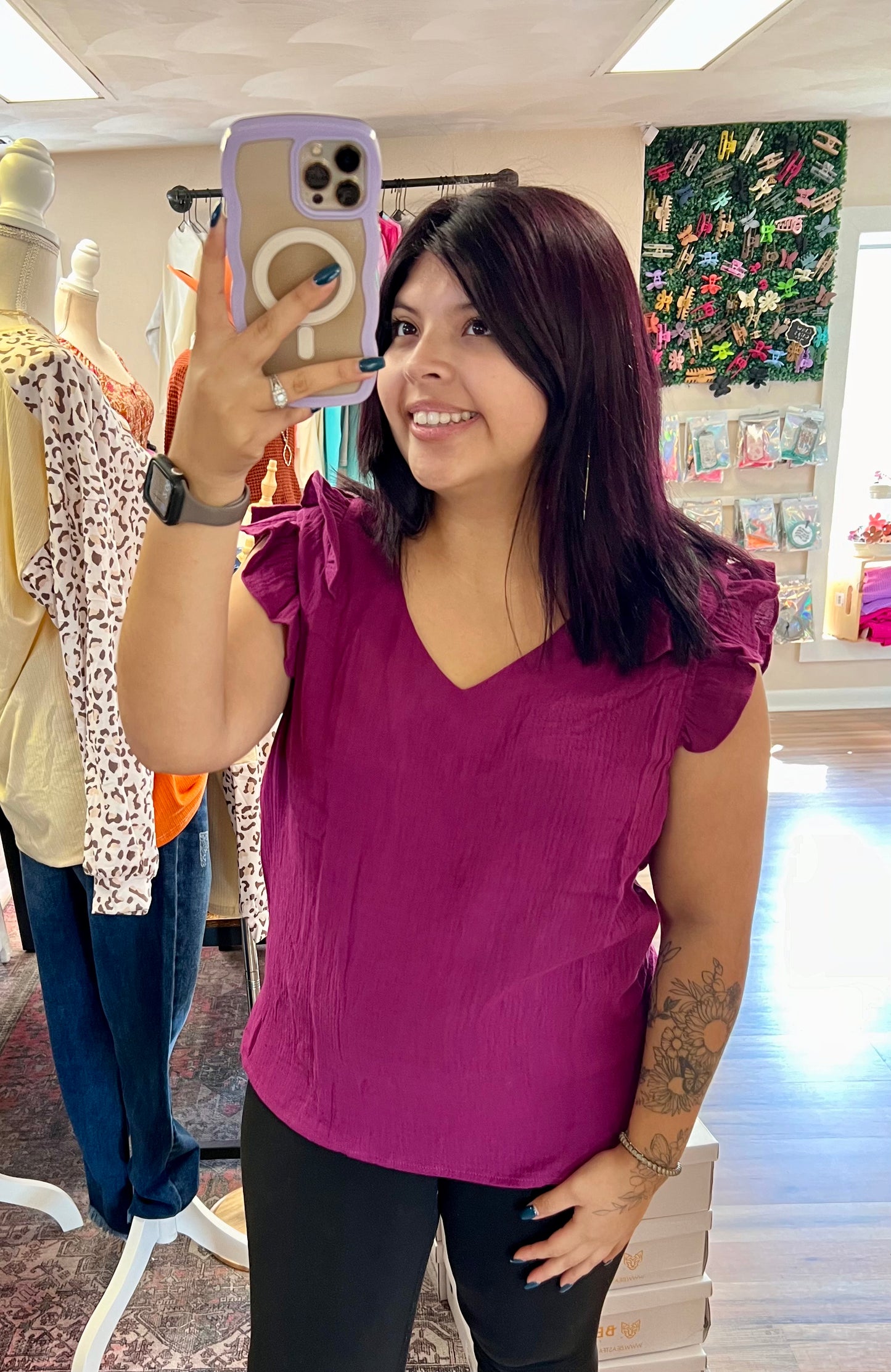 Plum Ruffle Short Sleeve Top