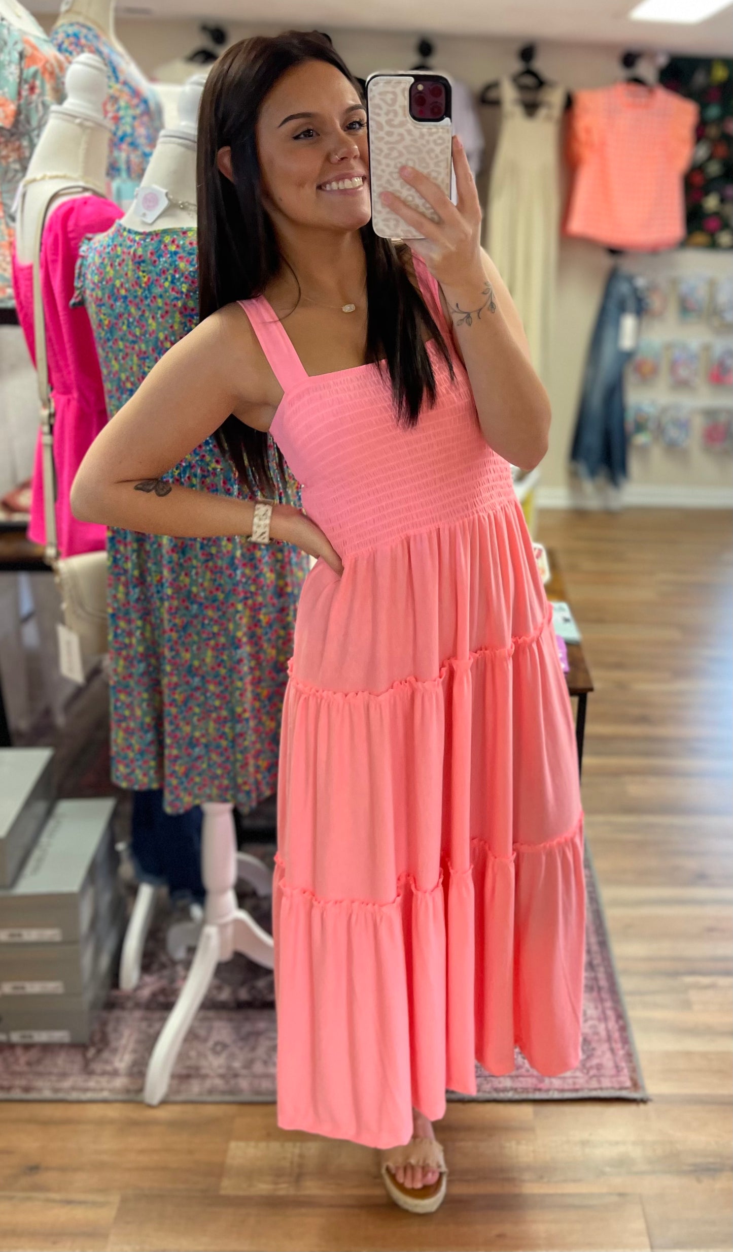 Bight Pink Smocked Tiered Ruffle Maxi Dress