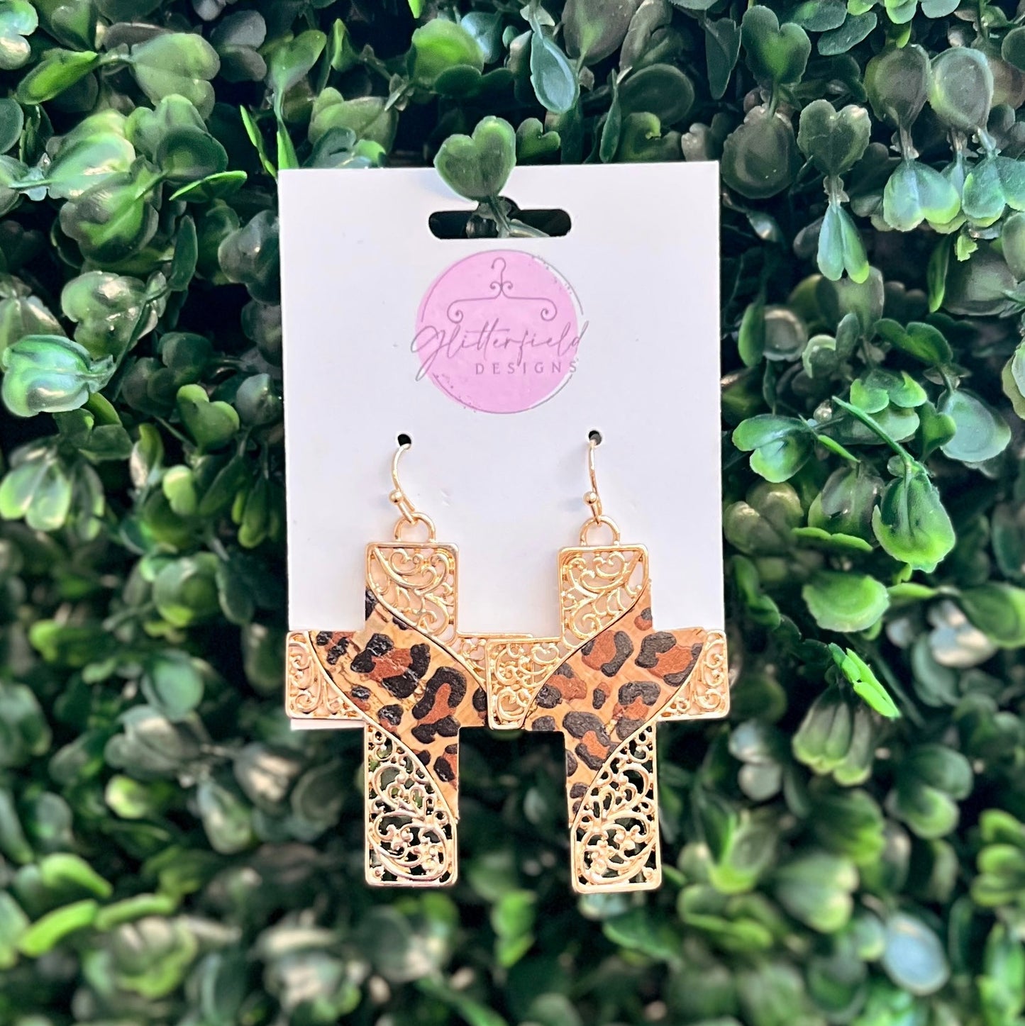 Leopard & Gold Cross Earrings
