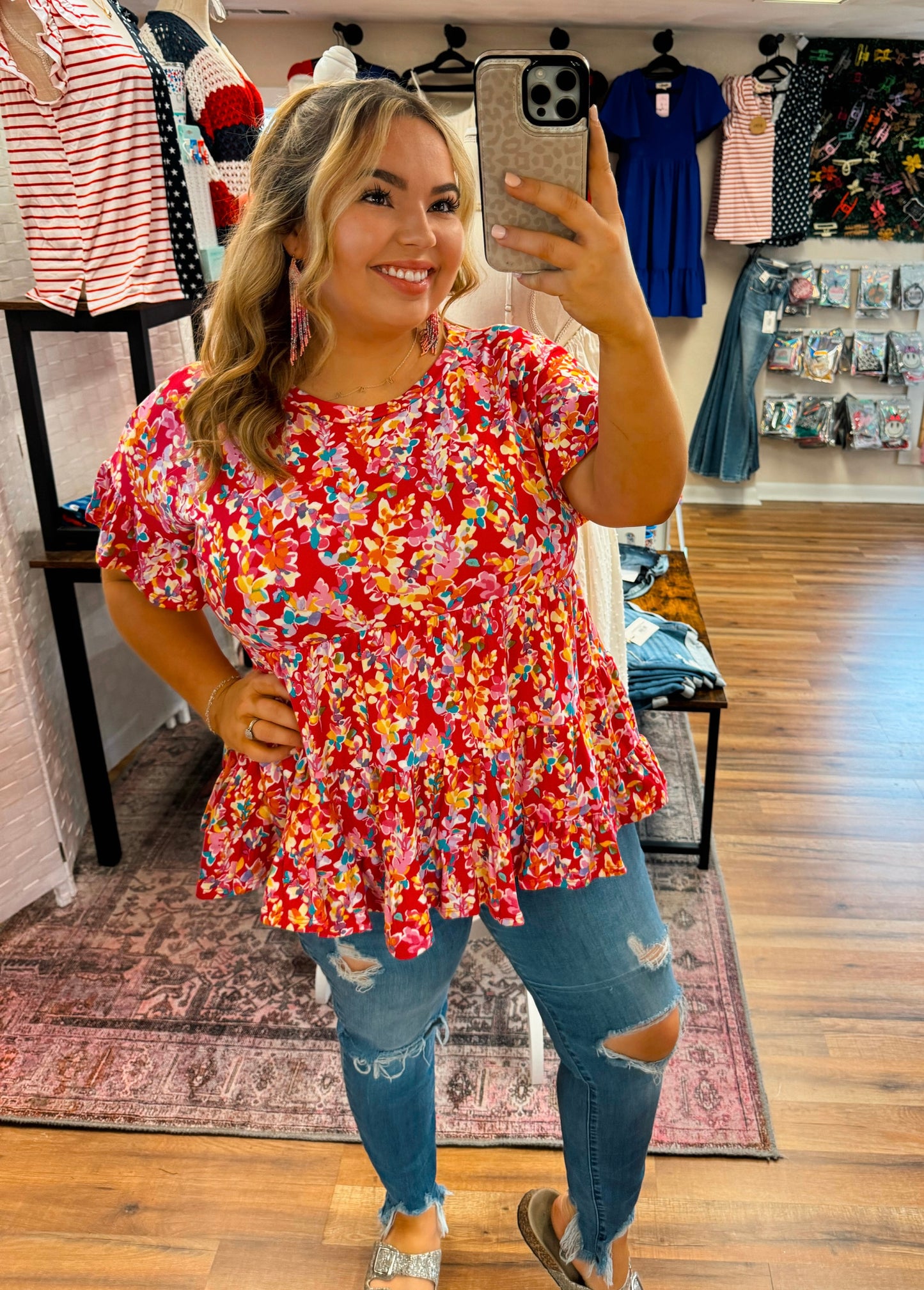 Pink Floral Peplum Short Sleeve Top