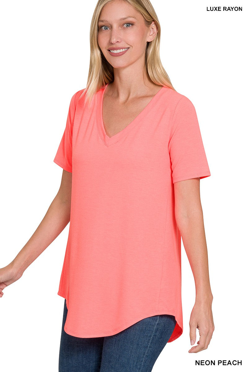 Neon Peach V- Neck Short Sleeve