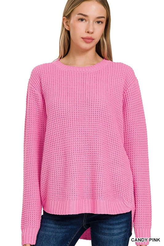 Candy Pink Round Neck Waffle Sweater