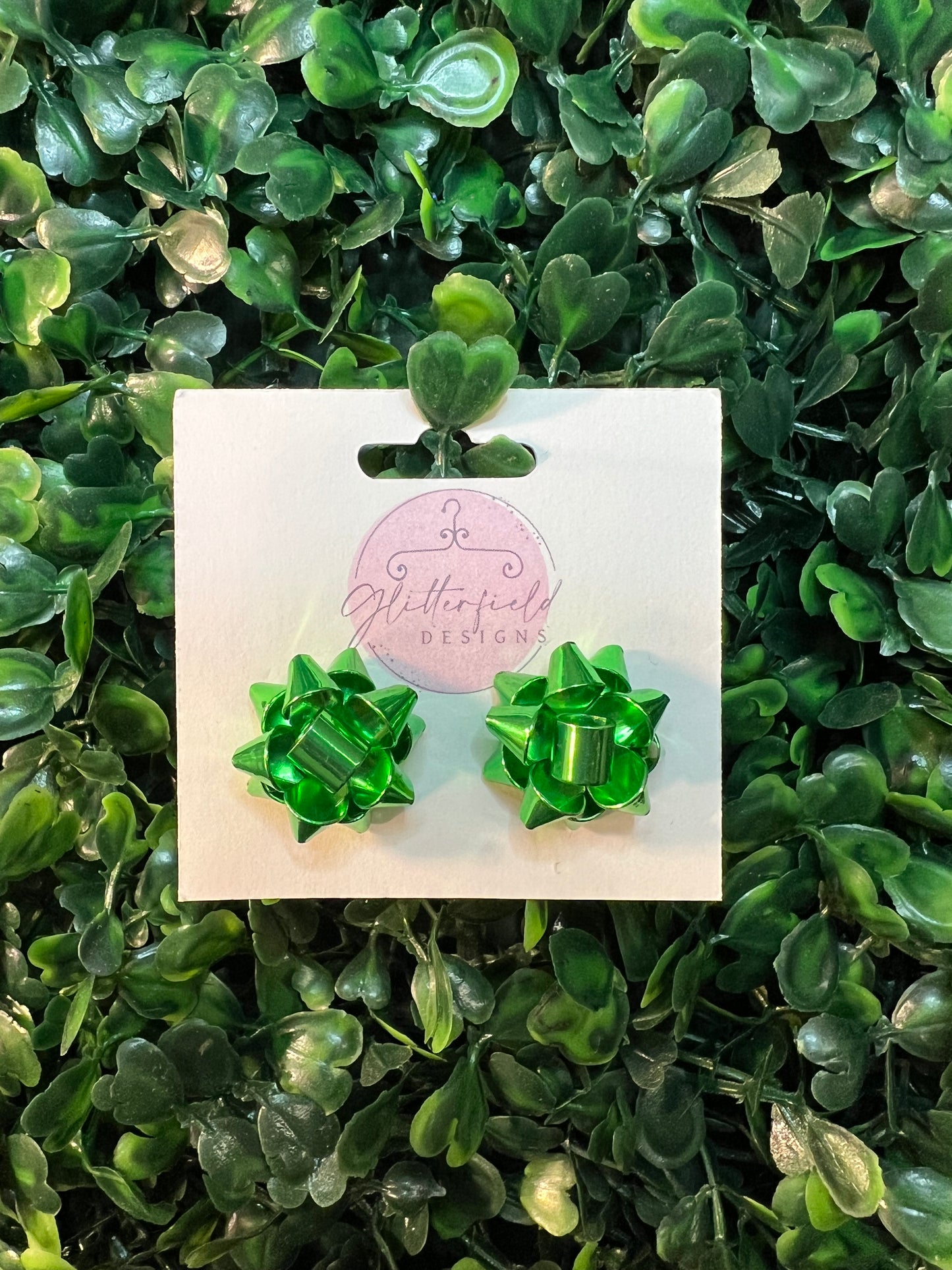 Green Metal Gift Bow Earrings
