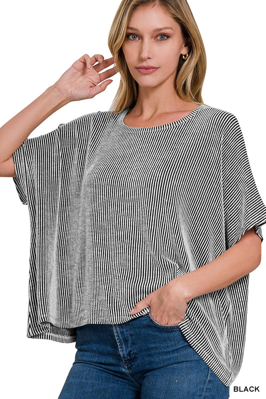 Black Ribbed Oversized Short Sleeve Top