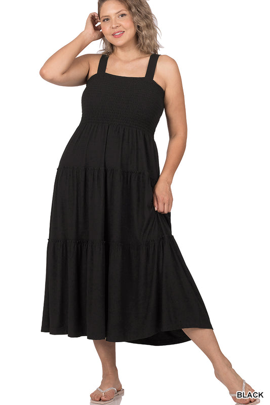 Black Smocked Tiered Ruffle Maxi Dress