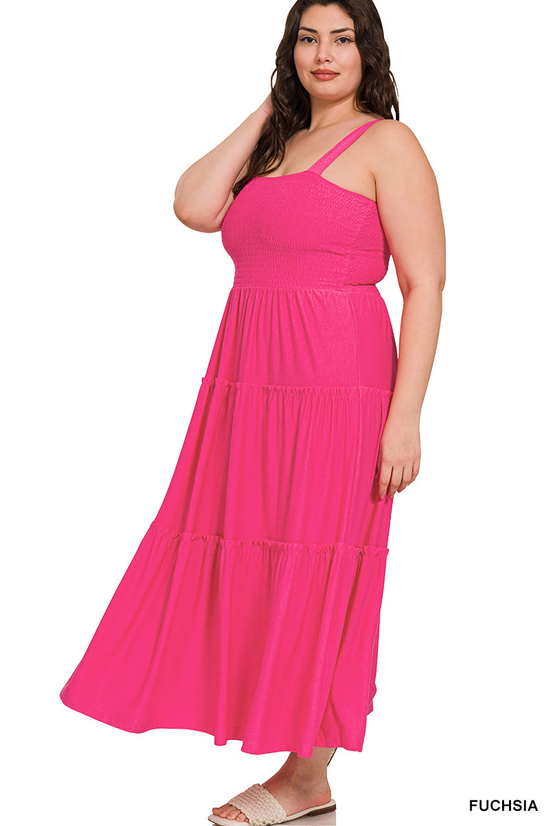 Fuchsia Smocked Tiered Ruffle Maxi Dress