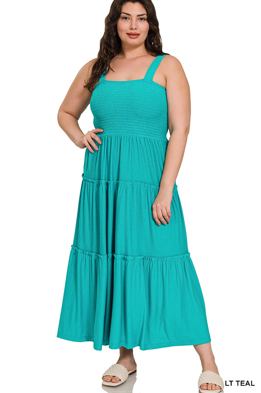 Light Teal Smocked Tiered Ruffle Maxi Dress