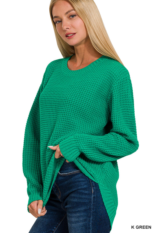 Kelly Green Round Neck Waffle Sweater