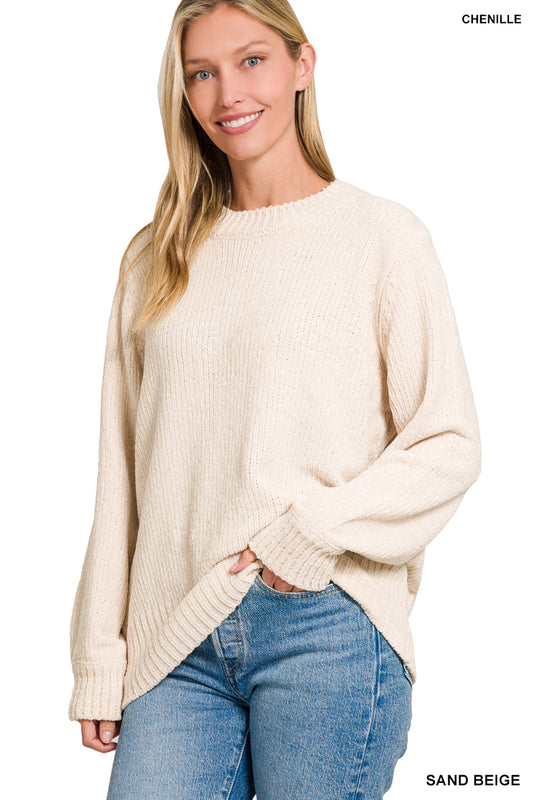 Sand Beige Round Neck Chenille Sweater