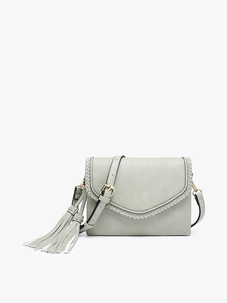 Sage Sloane Flapover Crossbody w/ Whipstitch and Tassel