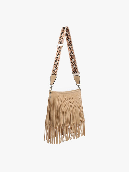 Tan Suede Fringe Crossbody w/ Guitar Strap