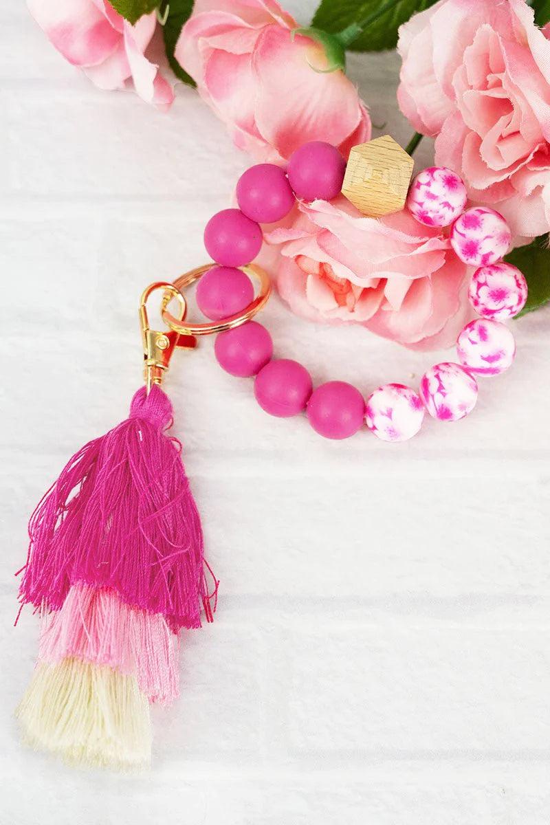 Hot Pink Marble Tiered Tassel Beaded Bracelet Keychain
