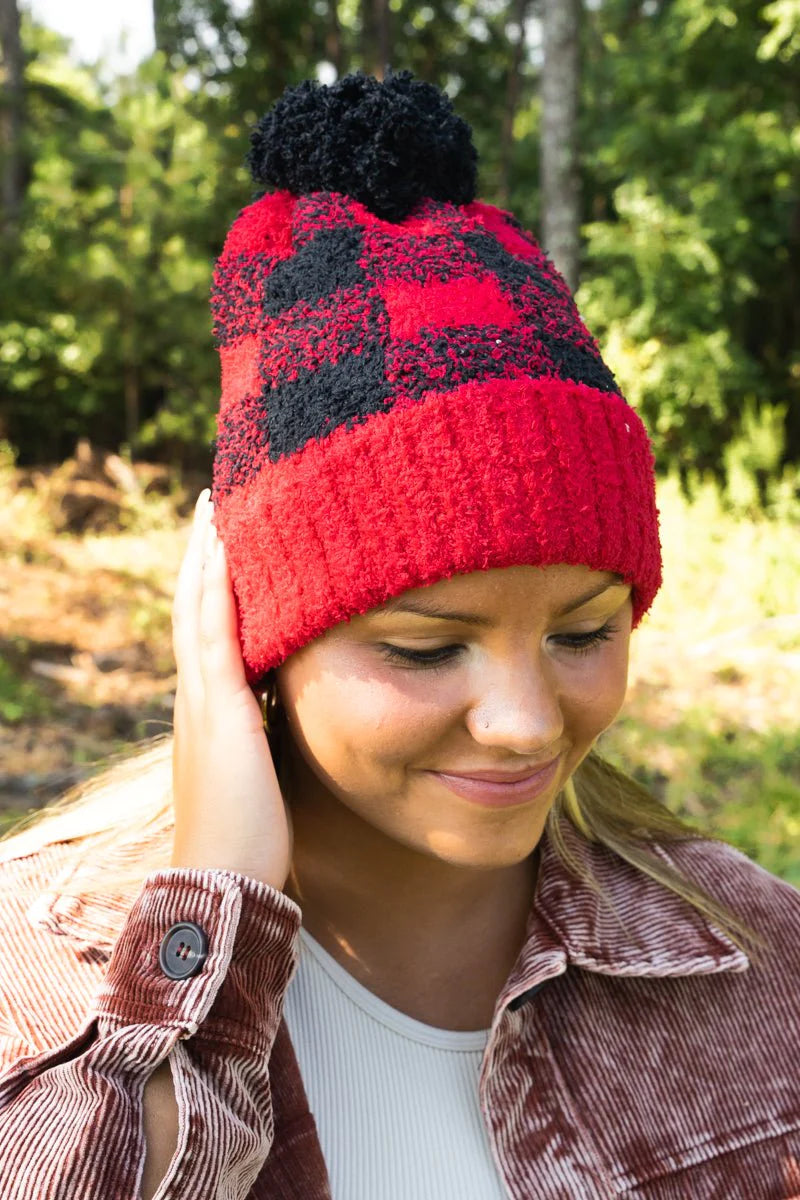 Red Buffalo Plaid Pom Pom Beanie