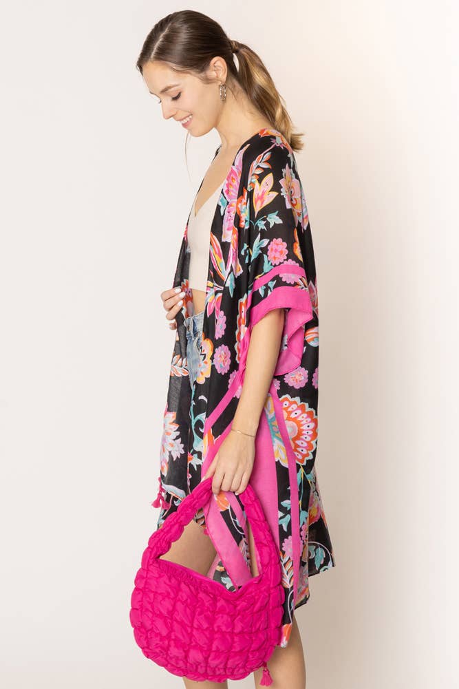 Black Floral Print Stripe Edge Tassel Kimono