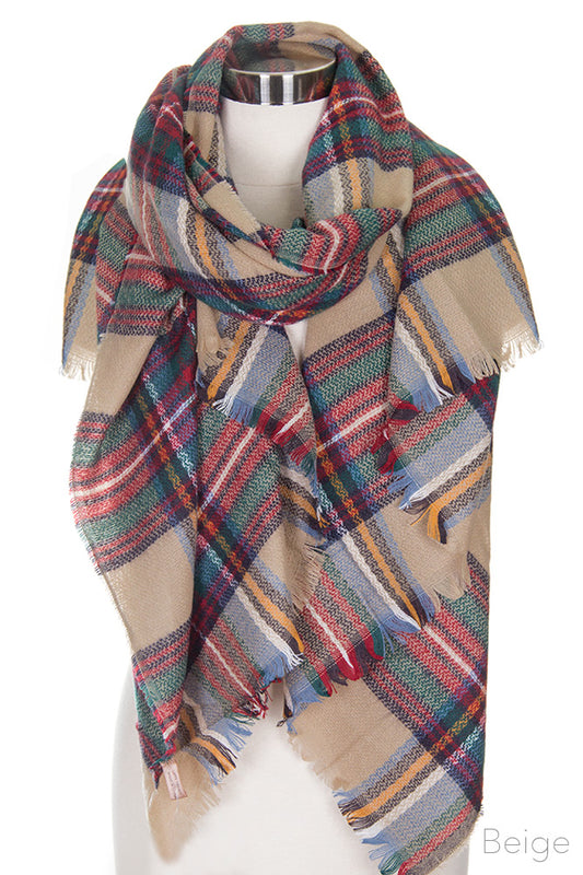 Beige Oversized Plaid Blanket Scarf