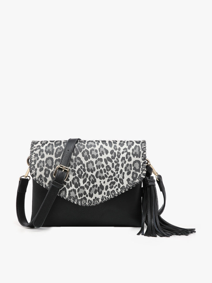 Black Cheetah Sloane Flapover Crossbody w/ Whipstitch and Tassel