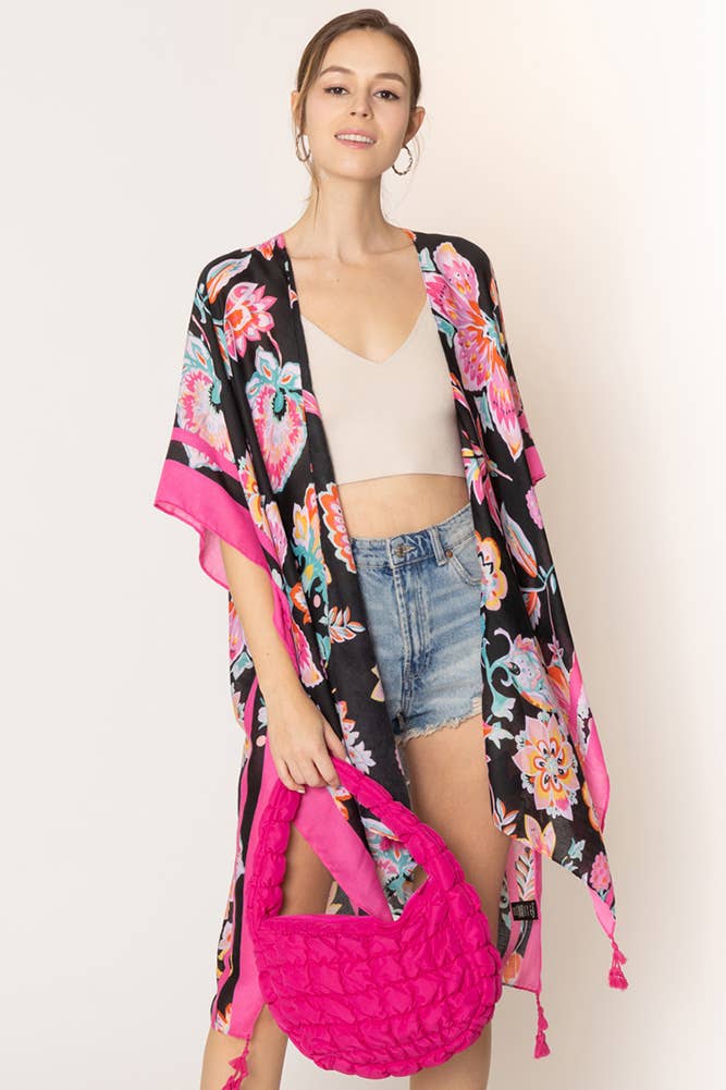 Black Floral Print Stripe Edge Tassel Kimono