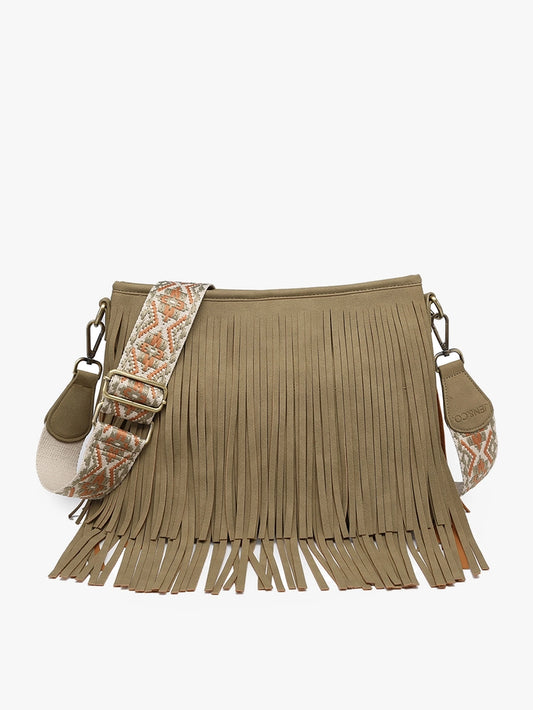 Olive Suede Fringe Crossbody w/ Guitar Strap