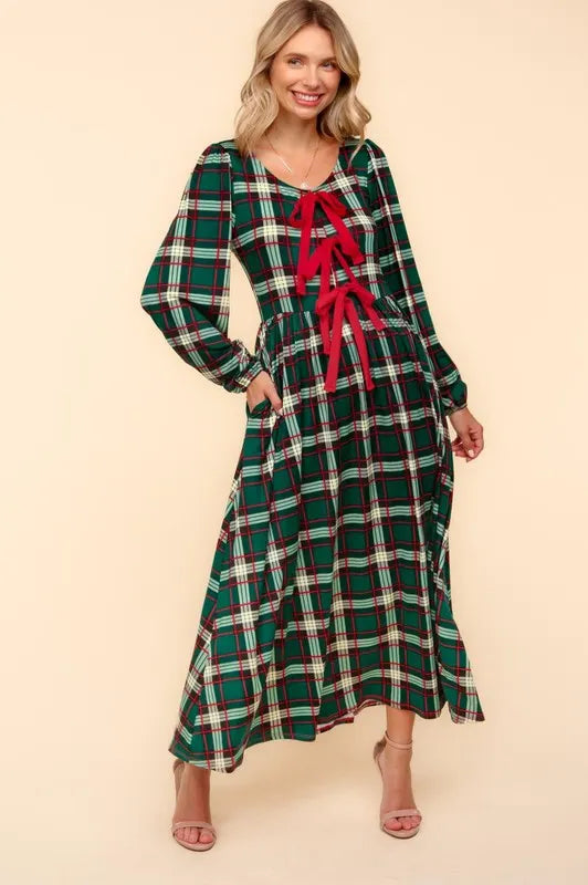 Bow Detail Red & Green Plaid Maxi Long Sleeve Dress