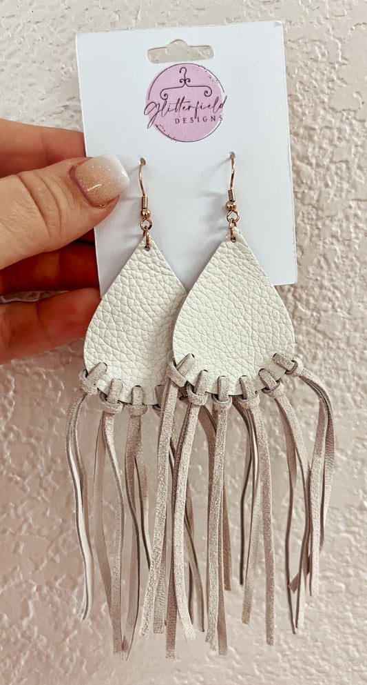 Grey Faux Leather Teardrop with Long Fringe Earrings