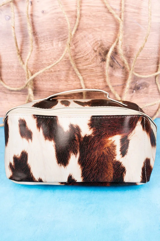 Brown Cowhide Expandable Makeup Bag